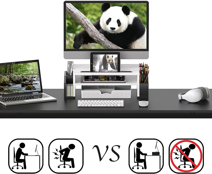 Simple Houseware Desk Monitor Stand Riser w/ Adjustable Tray, Black/White | Built-In Tablet Slot and Side Storage - Image 2