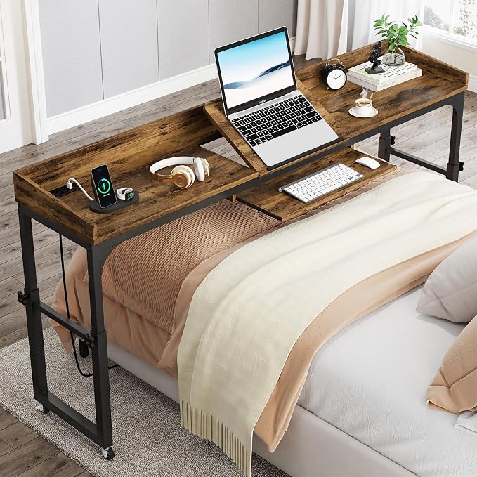 Tribesigns Height Adjustable Overbed Table with Wheels, Queen Size Over Bed Desk with Adjustable Tilt Stand, Mobile Laptop Cart Computer Desk with Outlets & USB Ports (Rustic Brown) by Unknown