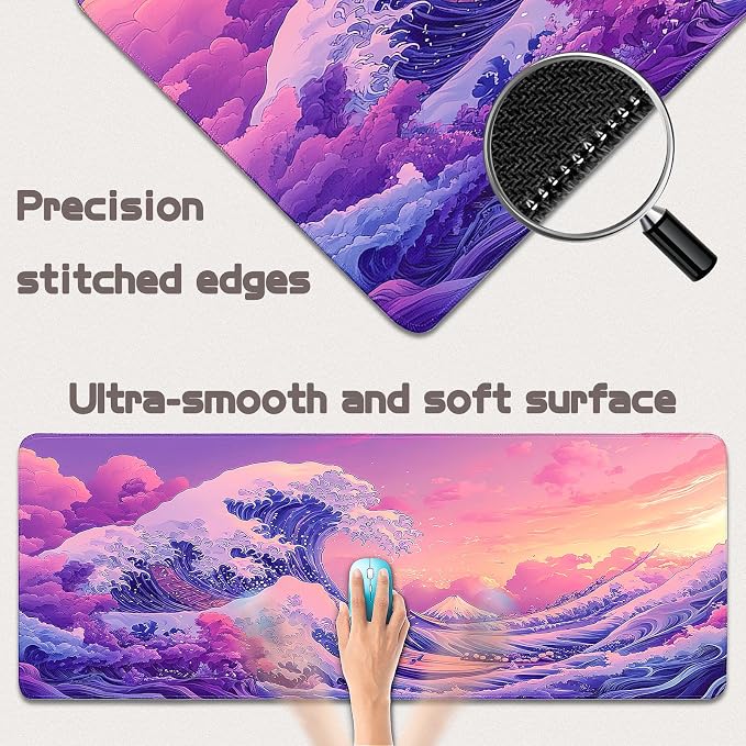 Mouse Pad Gaming - Desk Mat for Keyboard and Mouse - Kanagawa Large Mouse Pad for Desk, Japanese Sea Wave Mousepad (31.5" x 11.8") with Non-Slip Base, Desks Pad Mat for Gaming, Office and Home - Image 3