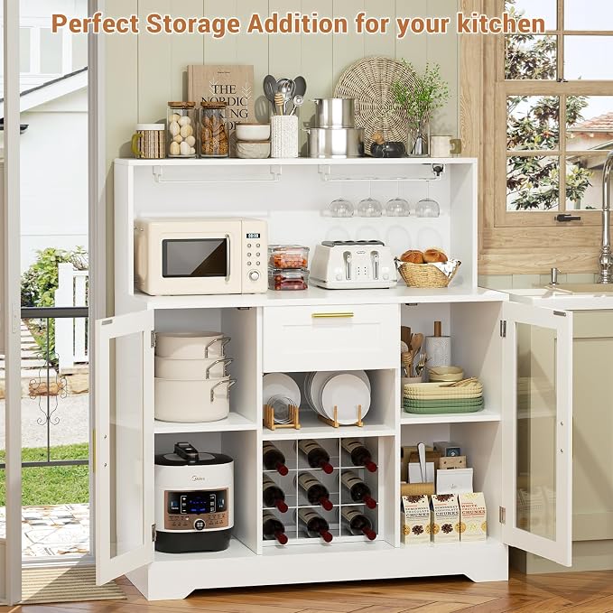 Unikito Coffee Bar Cabinet with RGB LED Light and Storage Hutch, White - Image 7