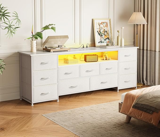 Huuger 63 Inch TV Stand for 65, 70 Inch TV, 11 Drawer Long Dresser with Power Outlets and LED Lights, Entertainment Center with Storage, White Dresser with PU Leather Surface - Image 7