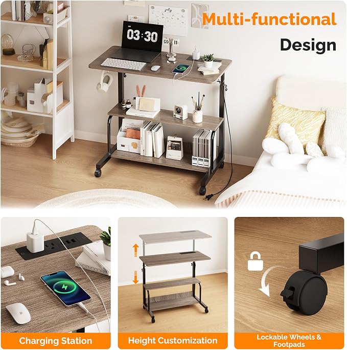 FCH 31.5" Mobile Small Standing Desk, Adjustable Height Mobile Computer Desk, w/2 AC Outlets + 3 USB Ports & Hooks, Storage Shelves, Suitable for Gaming, Studying, Home Office, Gray - Image 7