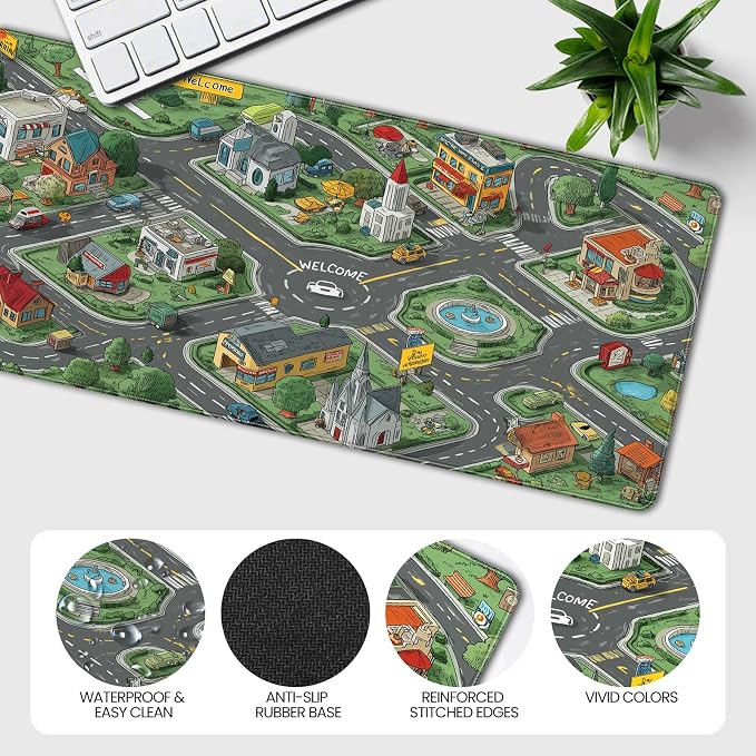 35.4 x 15.7 Inches XXL Large Gaming Mouse Pad, Cartoon City Street Map Design, Non-Slip Base, Waterproof and Scratch-Resistant Surface, Suitable for Home and Casual Gaming Desktop mats - Image 5