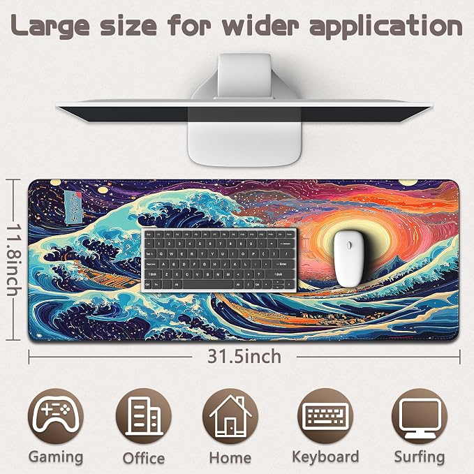 Mouse Pad Gaming - Desk Mat for Keyboard and Mouse - Kanagawa Large Mouse Pad for Desk, Japanese Sea Wave Mousepad (31.5" x 11.8") with Non-Slip Base, Desks Pad Mat for Gaming, Office and Home - Image 5