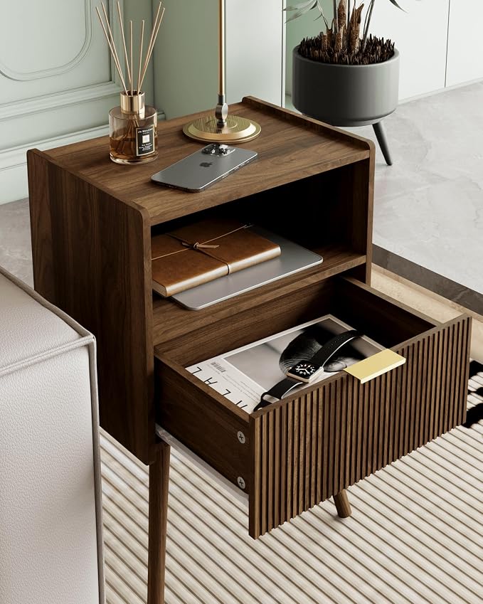 Veegle Nightstand,Modern Bedside Table with Storage Drawer and Open Wood Shelf, Accent Night Stand with Solid Wood Legs for Living Room, Bedroom and Small Spaces,Easy Assembly (Walnut Brown) - Image 4