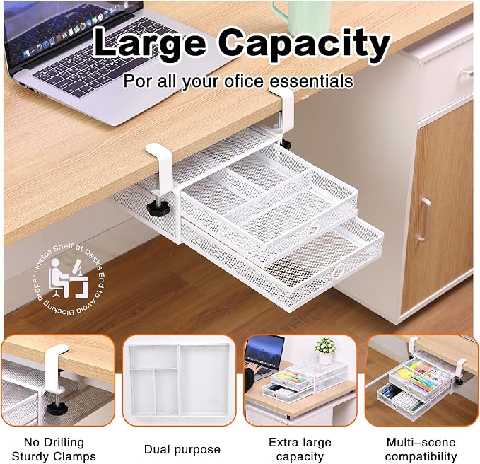 Under Desk Drawer, Clamp on Desk Organizer Slide Out Table Storage No Drill - Image 4