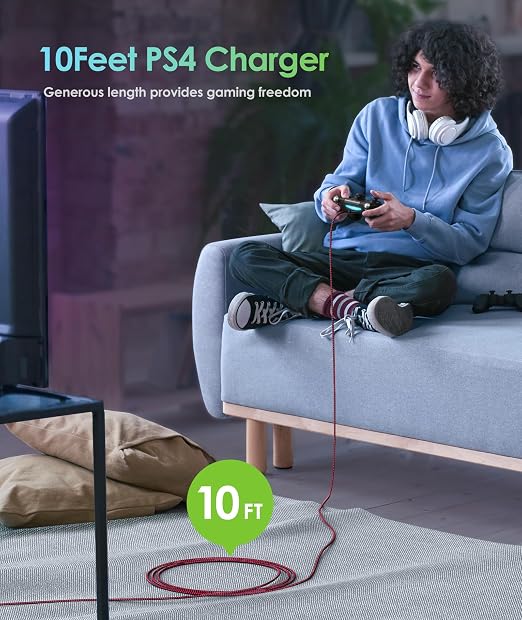 6amLifestyle PS4 Controller Charger Cable, 10ft Charging Cord 2 Pack for PlayStation 4, PS4 Slim/Pro, Dualshock 4, Xbox One/One X, Blue+Red - Image 2