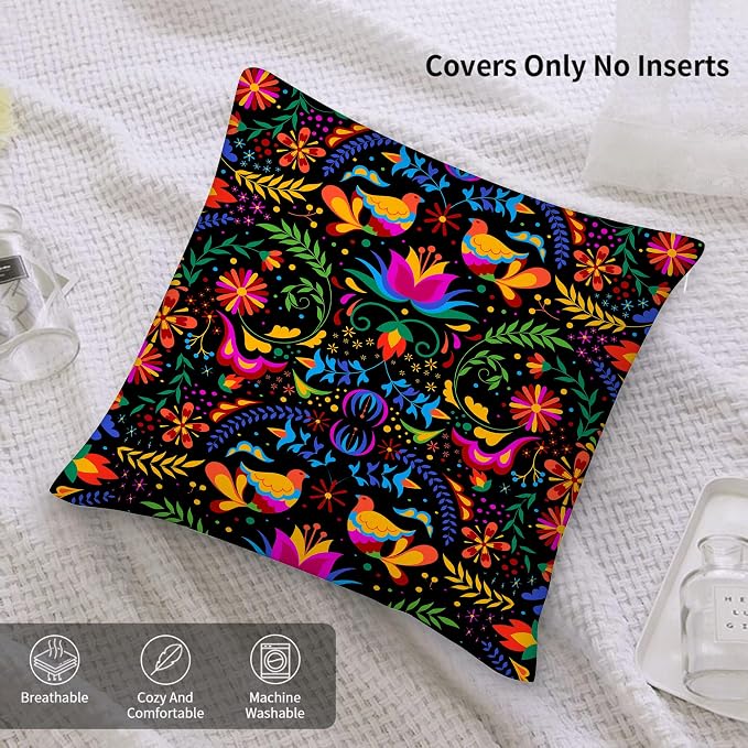 Mexican Pillow Covers 18"x18" Set of 2 Mexican Flower Decorative Throw Pillow Cases for Couch Bed Sofa Cushion Cover Mexican Living Room Decor - Image 7