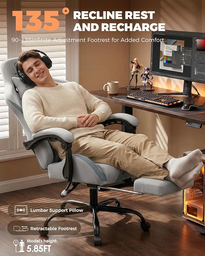 GTPLAYER Gaming Chair with Foot Rest & Pocket Spring Cushion, Ergonomic High Back Computer Desk Chair with Headrest & Lumbar Support for Back Pain Relief, Breathable Fabric, Mist-Blue - Image 5