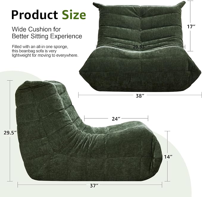 Hobestluk Adults Bean Bag Chair Faux Fur BeanBag Couch for Living Room | Green Chenille,Ergonomic Design,Memory Foam,UltraSoft,Anti-slip Bottom,No Assembly Required,Decorative Style for Living Room - Image 2