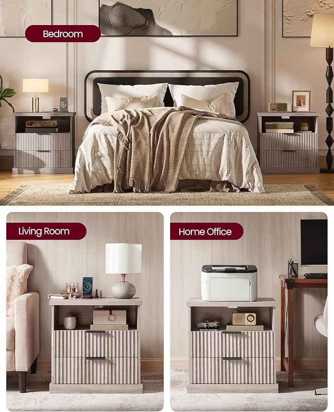 VASAGLE Nightstand with Charging Station, 2 Drawers, Open Shelf - Image 7