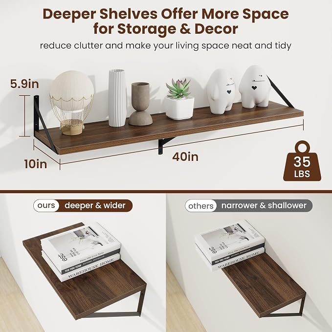 Axeman Deep Floating Shelves, 40'' x 10'' Walnut Wall Shelves Set of 2 - Image 3