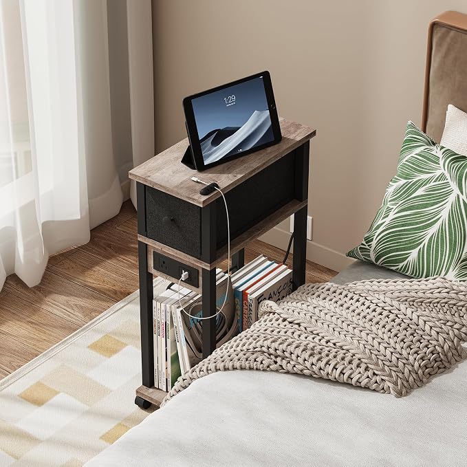 Slim Nightstand Set of 2, Narrow Side Table with Charging Station & Drawer - Image 5