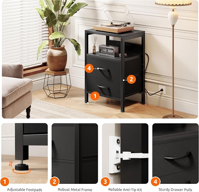 Lazzanto Night Stand with Charger Station for Bedroom, Black Nightstand - Image 8