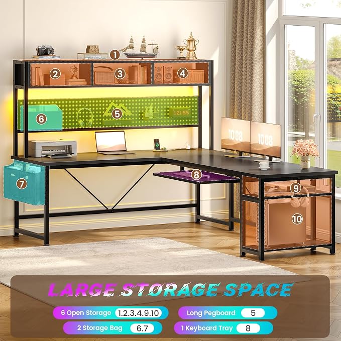 SEDETA 67" L Shaped Gaming Desk with Pegboard LED Lights and Power Outlet | Reversible Computer Desk with Keyboard Tray Hutch and Stoage Bag for Home Office, Black - Image 6