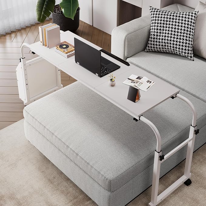 Arlopu Overbed Table with Wheels,60.6-84.2 inches Mobile Bed Desk, White - Image 6