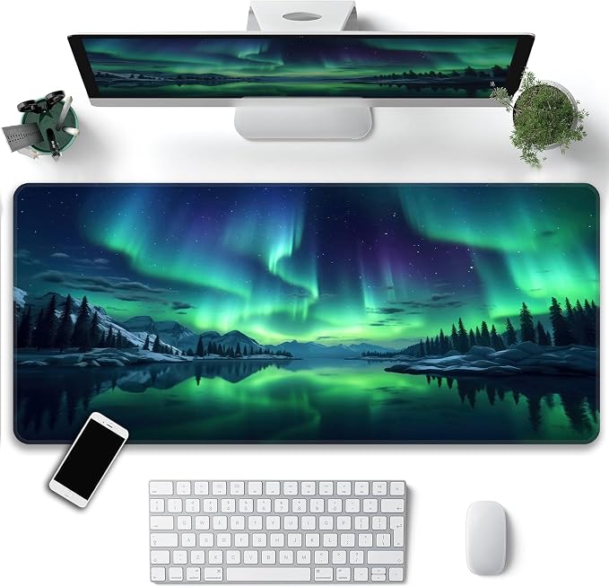 Green Aurora Desk Mat, XXL 35.4"x15.7" Large Mouse Pad, Aesthetic Extended Gaming Mouse Mat,Non-Slip Rubber Base Waterproof with Stitched Edges for Gaming Office Home Decor - Image 2