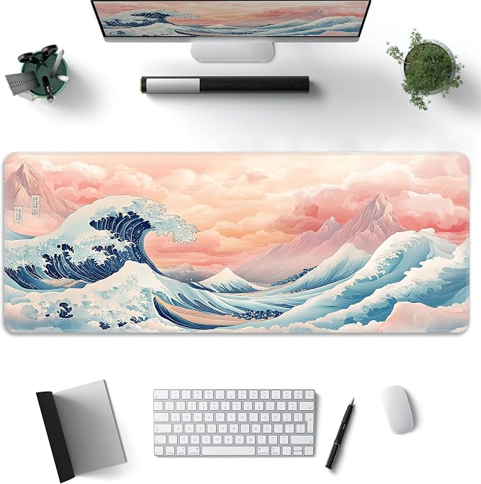 Japanese Sea Wave Desk Mat, XL 31.5"x11.8" Large Mouse Pad, Pink Clouds Extended Gaming Mouse Mat,Non-Slip Rubber Base Waterproof with Stitched Edges for Gaming Office Home Decor - Image 2