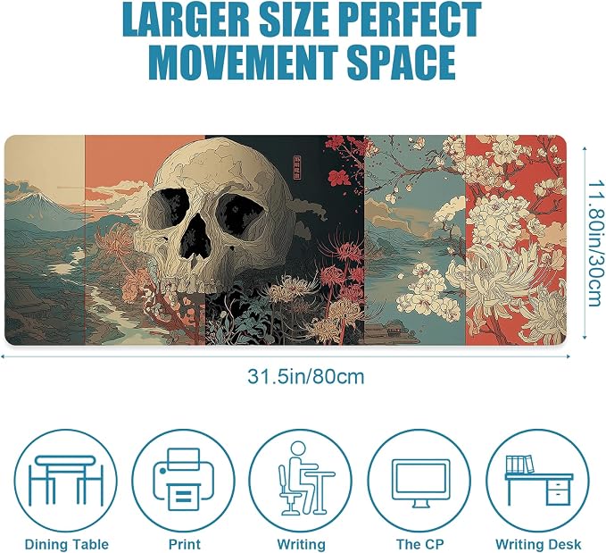 Japanese Skeleton Gaming Mouse Pad, Desk Mat, XL Extended Big Large Mousepad with Non-Slip Rubber Base, Laptop Computer Keyboard Mat Office&Home, 31.5x11.8in, Skull - Image 2