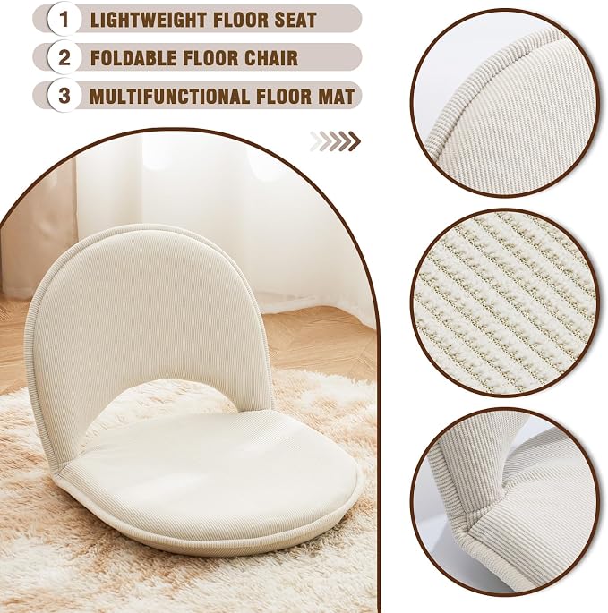 YOUKEEEJOJO Floor Chair 5-Position Adjustable Back Support Chair Foldable Camping,Video-Gaming Reading Watching, Upholstered Meditation Convenient Seats (Beige) - Image 5