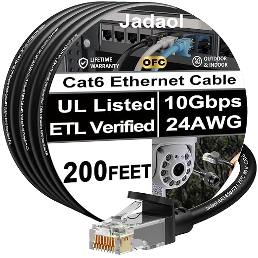 Jadaol [UL Listed] Cat6 Ethernet Cable 200FT 10Gbps 24AWG Pure Copper Black by Jadaol