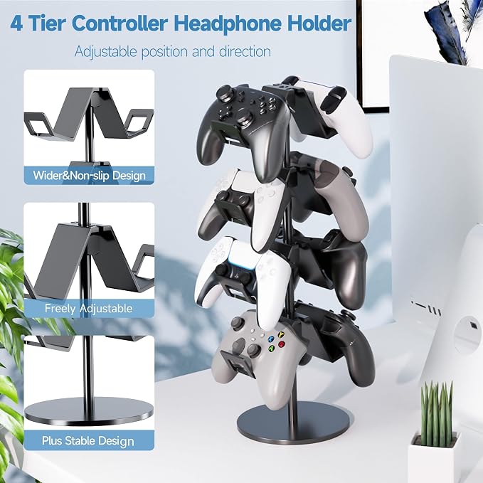 Controller Holder 4 Tier,Headphone Stand for Xbox PS5 PS4 | Classical "W" shape,Adjustable,Gamepads and headset storage,For Gamer,Black,Stable,Gaming gift - Image 2
