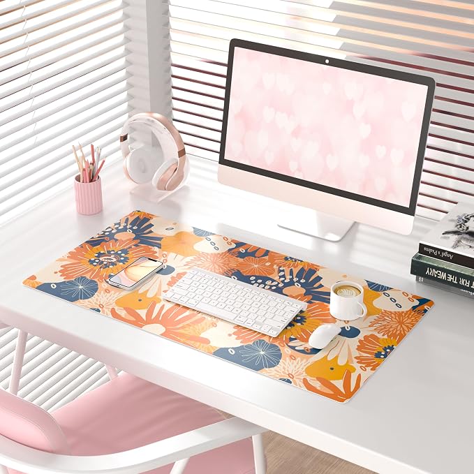 QiyI PU Leather Large Mouse Pad, Office Decor, 31.5" x 15.7", Orange Flower | Desk Décor Accessories, Extended Size, Waterproof & Easy to Clean, Smooth Surface, Non Slip Desk Organization - Image 2