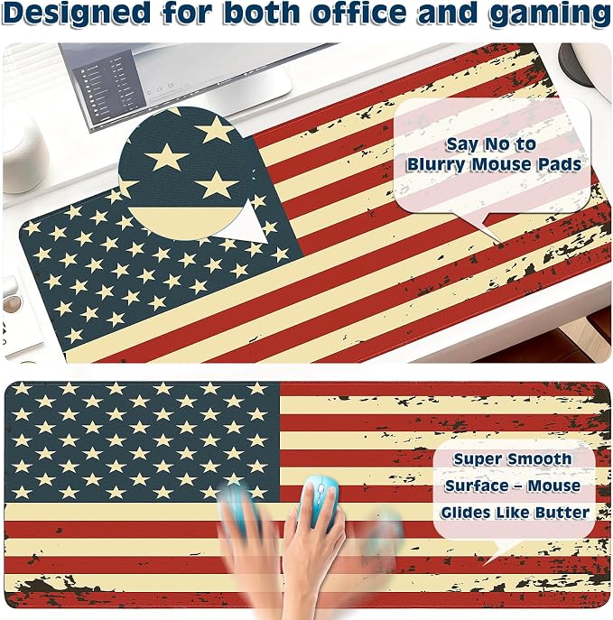 Gaming Desk Mat with Silky Smooth Surface & Exquisite Patterns,31.5x11.8 Inches Large-Sized Mouse Pad, Perfect for Extended Gaming,Work,and Home Office Decor (American Flag 2) - Image 4