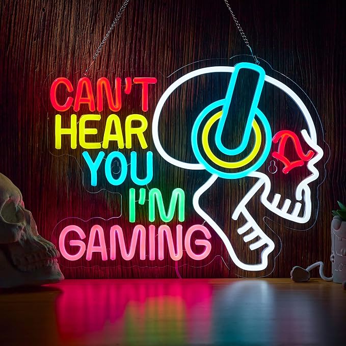 Gaming Neon Sign Can't Hear You I'm Gaming Skull Gamer LED Light Bright USB Powered Light up Game Signs with dimmer for Game Zone Video Room Boy Bedroom Wall Decor Compatible with Timer by NOENLAND