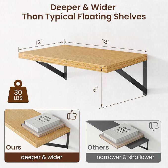 Axeman Deep Floating Shelves, 18'' x 12'' Oak Wall Shelves Set of 2 - Image 3