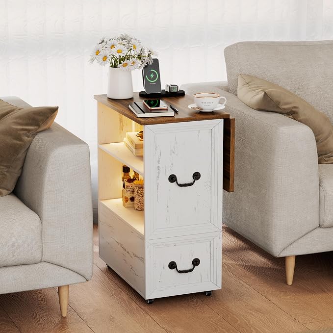 Dystler Rolling Side Table on Wheels, with Drawers & LED Lights Charging - Image 8