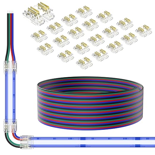 PAUTIX COB LED Connectors for 10mm 4-Pin RGB COB LED Strip Lights,20pcs Strip to Wire Connectors,10ft Long 22AWG Extension Wires for Non-Wired Gapless Solderless,5V 12V 24V 2835 LED Strip Lights by PAUTIX