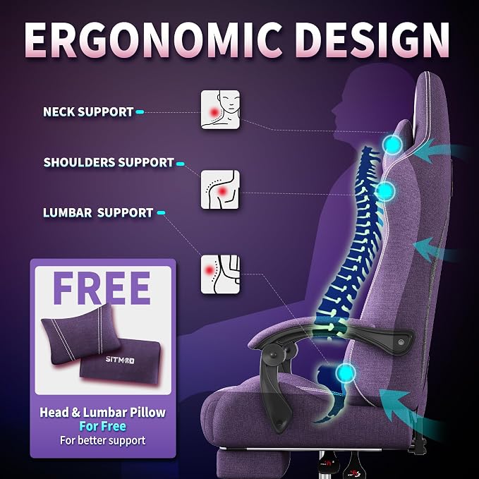 SITMOD Fabric Gaming Chair with Footrest-Breathable Computer Chair with Headrest & Lumbar Pillow,Big and Tall Ergonomic Gamer Chair for Heavy Adults,22.44" Deep Seat Gaming Chairs for Adults(Purple) - Image 4