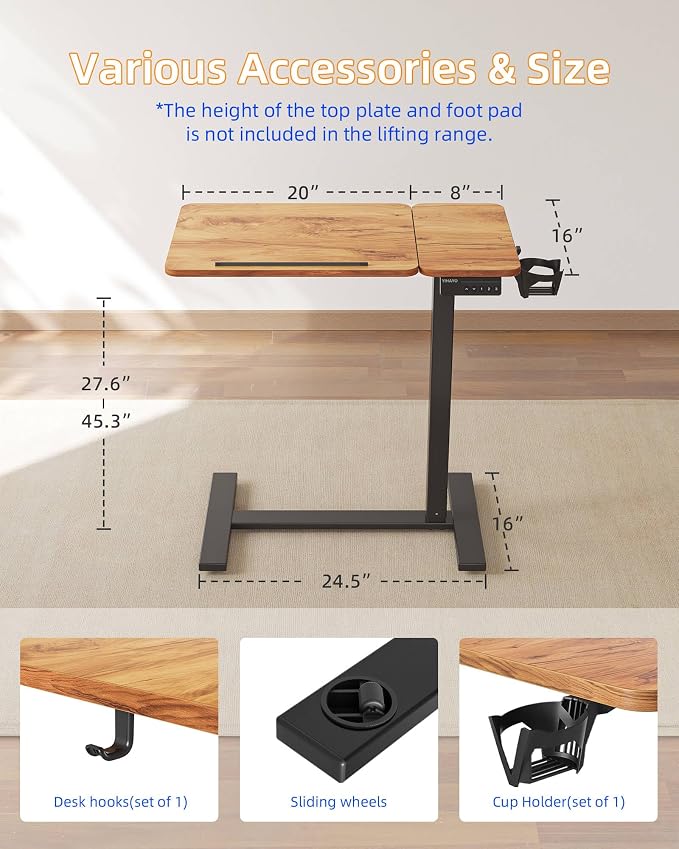 YIHAYO Adjustable Overbed Bedside Table with Wheels, 28 x 16 Inches Electric Mobile Standing Desk, Laptop Desk, Movable Overbed Tables Hospital Home Use, Rustic Brown - Image 3