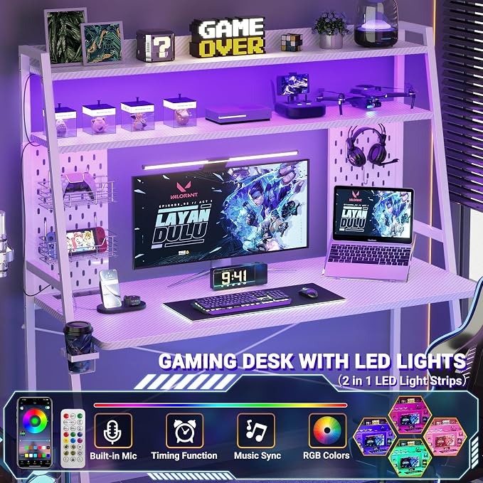 Besiost Gaming Desk with Hutch and LED Lights, Gaming Computer Desk with Power Outlets, Gamer Desk with Storage Shelves, PC Game Desk with Pegboards for Bedroom, Carbon Fiber White, 49" - Image 4