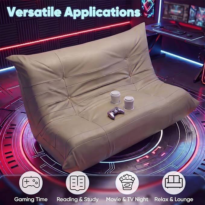Homall Floor Gaming Chair Boneless Loveseat Couch, Ergonomic Floor Sofa Couch with Cup Holders, Leather Lazy Floor Lounger for Gaming, Reading, Relaxing, Watching TV (Khaki) - Image 3