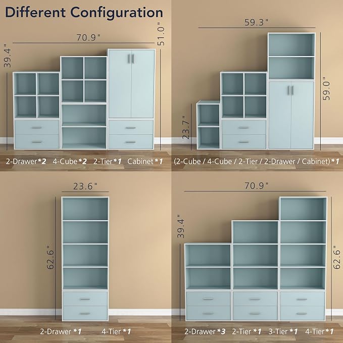 Homes: Inside + Out Apexa 2-Tier Cube Storage Organizer Shelves, Stackable Wood Bookcase Fits Cubby Bins for Organization, Dorm Teen Room Decor & Home Office, Light Blue - Image 12