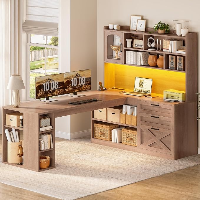 SEDETA 61" L Shaped Office Desk with Drawers and Storage, Light Brown by SEDETA