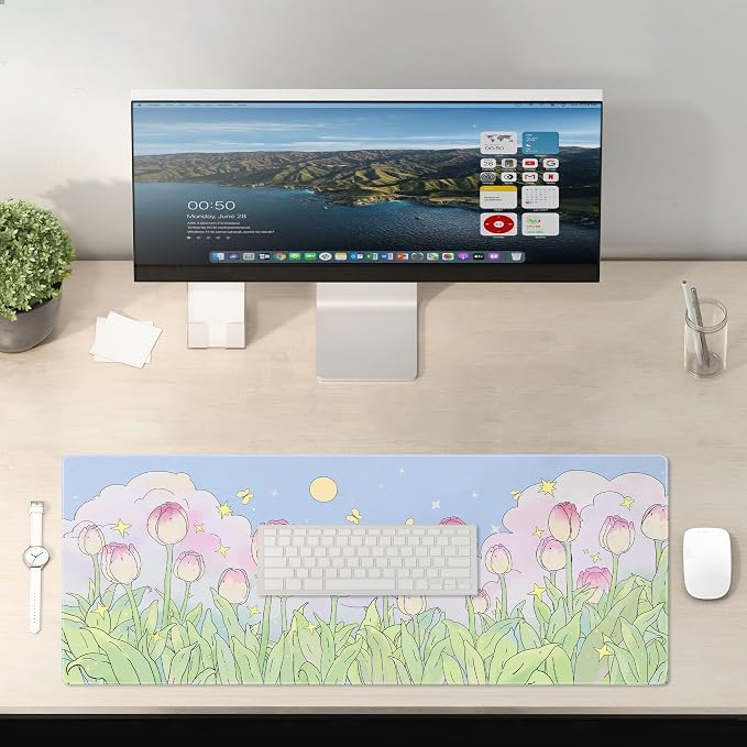 Kawaii Flower Mouse Pad Large Desk Mat Extended Keyboard Mouse Pad Cute XL Mousepad with Non-Slip Base and Stitched Edge Plant MouseMat Desk Pad 31.5 x 11.8 in Mouse Pads for Desk Home Office Gaming - Image 6