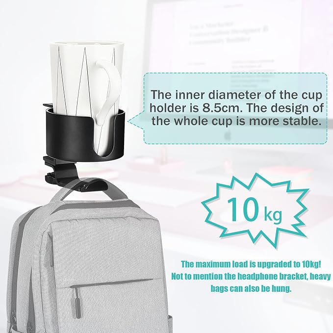 2 in 1 Desk Cup Holder with Headphone Hanger Holder, Anti-Spill Cup Holder-360° Rotation Aluminum Alloy Stand Hook Bearing Capacity 10kg/22lb Suitable for Coffee Mups,Water Cups,Bag,Headphone - Image 4