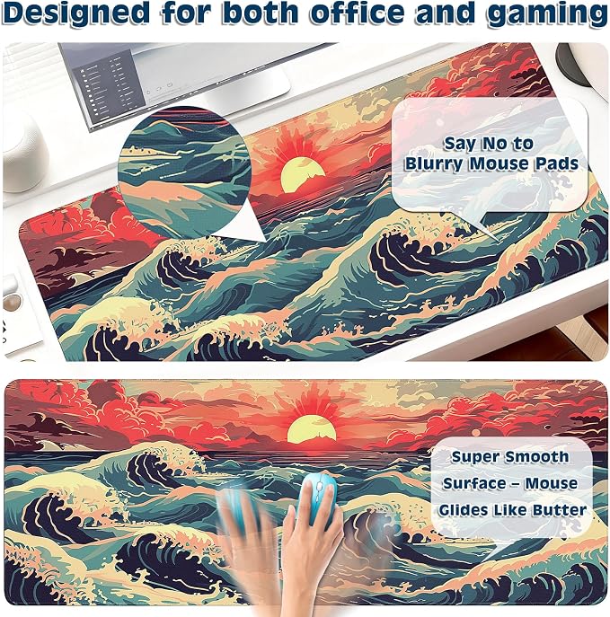 Gaming Desk Mat with Silky Smooth Surface & Exquisite Patterns,31.5x11.8 Inches Large-Sized Mouse Pad, Perfect for Extended Gaming,Work,and Home Office Decor (Japanese Waves 1) - Image 4