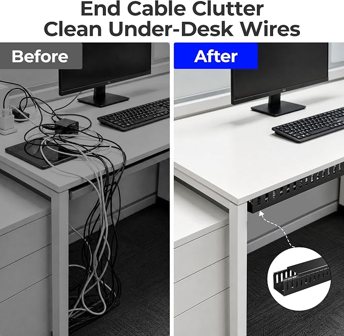 Yecaye 2 Pack Cable Management, 31in X-Large PVC Under Desk Cable Management, No-Drill Cord Hider Open Slot Wire Raceway for Computer/TVs/Networks, Cord Organizer Black - Image 4