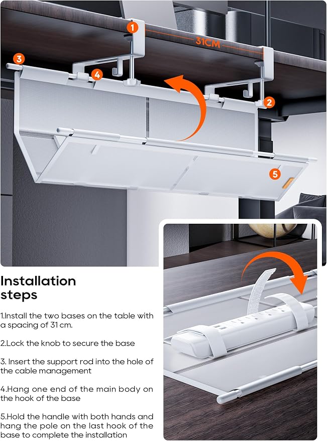 27" No Drill Under Desk Cable Management Tray (White) - Image 7