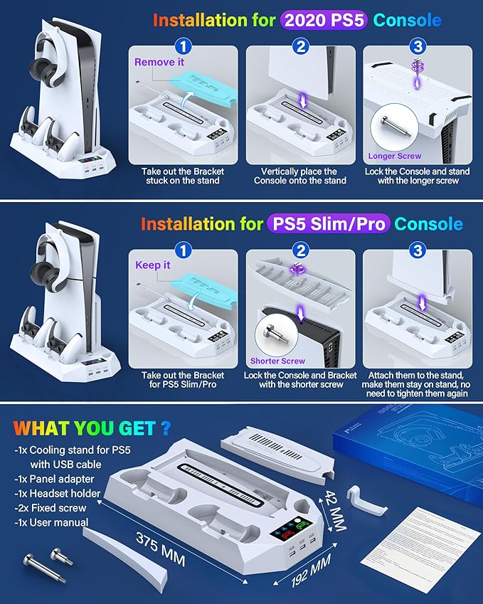 PS5/PS5 Slim/PS5 Pro Stand and Cooling Station with Dual Controller Charging Station for PlayStation 5 Console, PS5 Accessories Incl. Controller Charger, Cooling Fan, Headset Holder, 3 USB Hub, White - Image 6