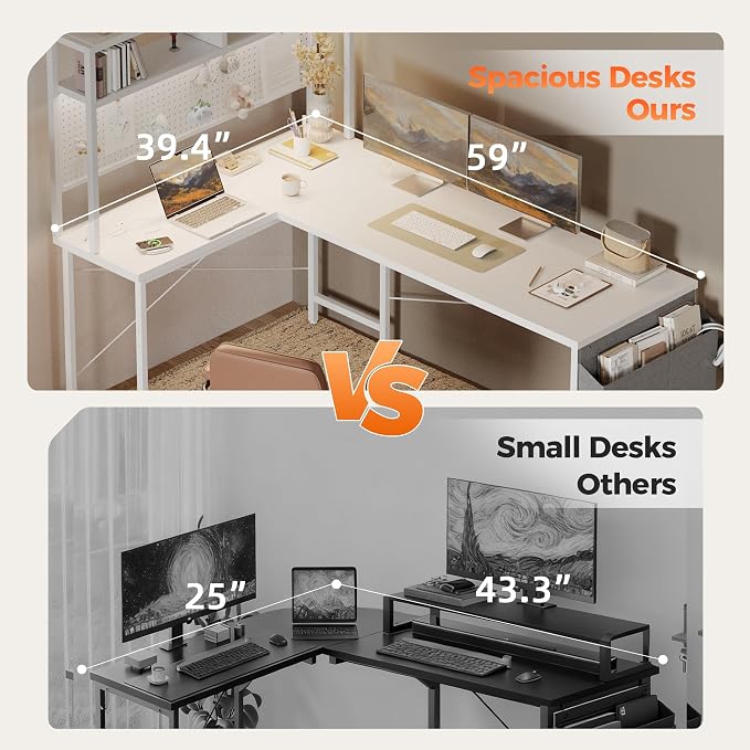 Mericonia 51 in L Shaped Desk with Pegboard, Reversible Corner Gaming Desk | Large Computer Desk with Hutch, Power Outlets, LED Light & Storage Bag, Office Table for Home Bedroom Study Work Writing - Image 8