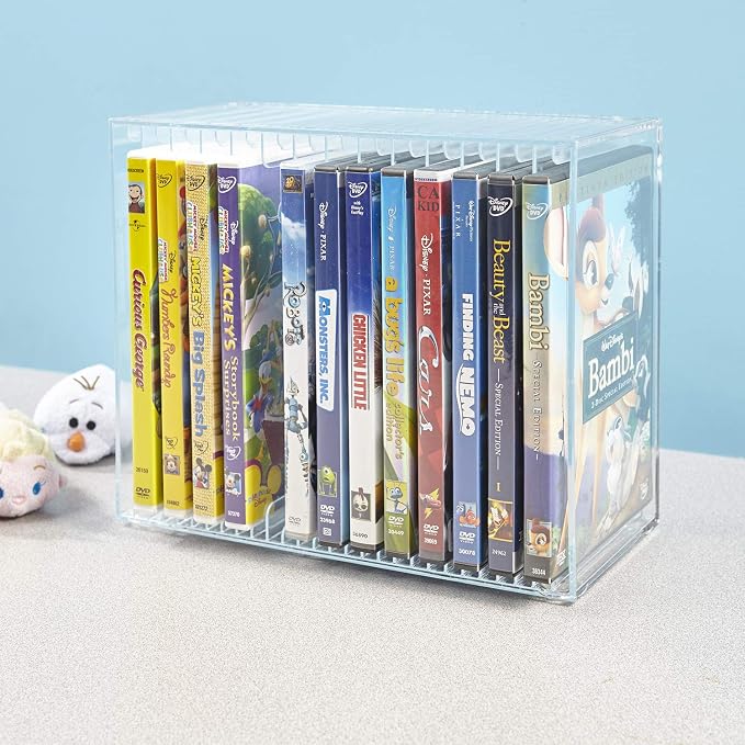 STORi Stackable Clear Plastic DVD Organizer with Rubber Feet | Rectangular Holder Perfect for Theater Room | Holds up to 14 Standard DVD Cases | Made in USA - Image 8