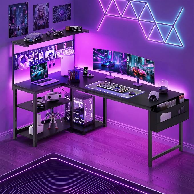 55in L Shaped Gaming Desk with Pegboard & Shelf & Storage Bag, Black | LED Light, Power Outlet, Reversible Gaming Table, Escritorio Gamer, Corner Computer Desk for Small Space Storage, Home Office - Image 2