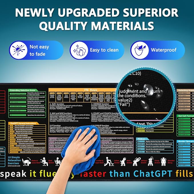 Excel Cheat Sheet Desk Pad - Large Mouse Pad - Excel Cheat Sheet Desk Mat, Non-Slip Base Mousepad Suitable for Office, Computer Games, Desk Mat and More (31.5" x 11.8") - Image 3