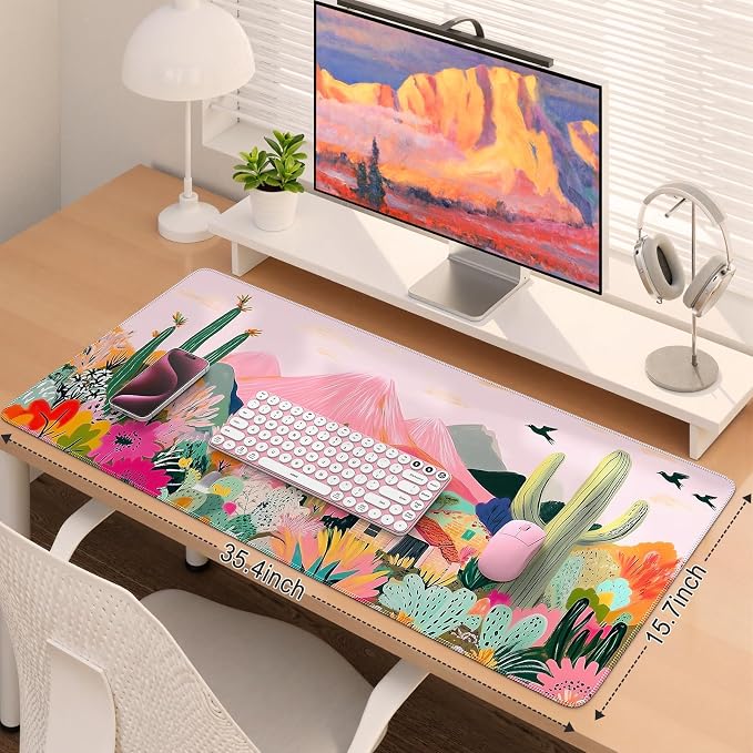 iCasso Desk Mat,Cute Mouse Pad for Desk,35"x16",Home Office, Cactus | Waterproof Desk Pad with Non-Slip Rubber Base and Stitched Edges, Extended Keyboard Mousepad for Computer, Home Workspace - Image 3