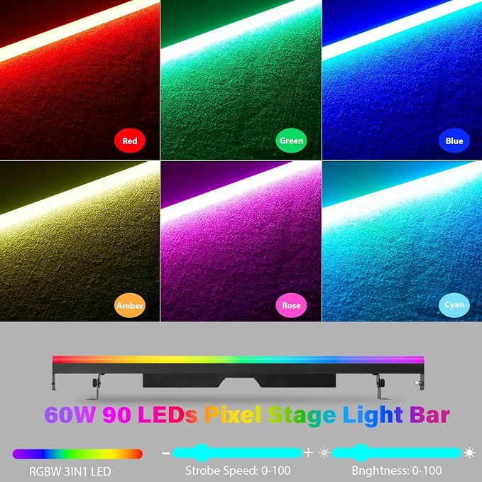 Stage Pixel Light Bar,60W 90 LEDs RGB 3IN1 DJ Stage Wash Lights Bar Side with Screw Fixing Design,DMX RDM Sound Activated Master/Slave Strobe Stage Strip Lights for Wedding,Club,Party,Church - Image 2